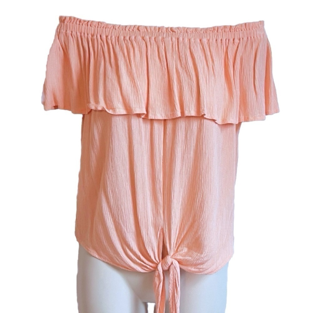 NEW Express Off Shoulder Tie Front Short Sleeve Casual Blouse Top Peach Pink S